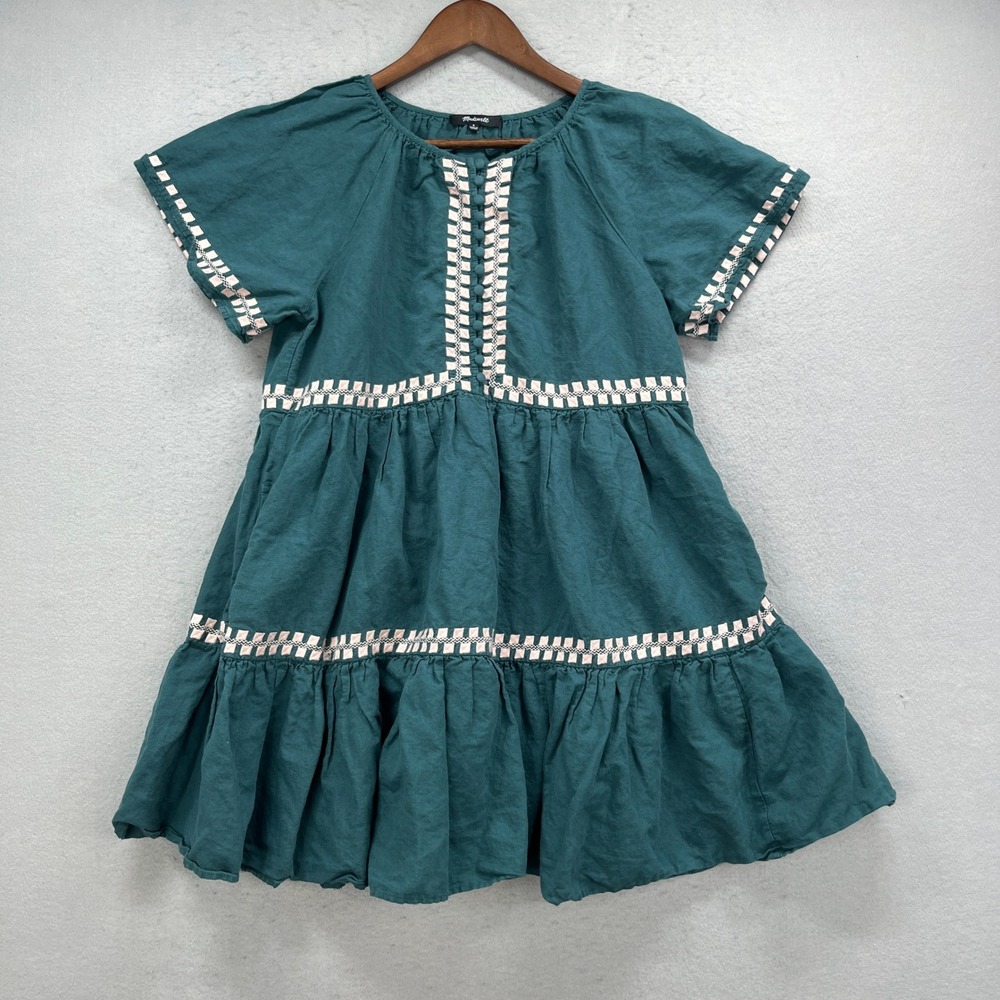 Madewell Dress Womens S Teal Embroidered Tiered Babydoll Linen Boho Chic Summer